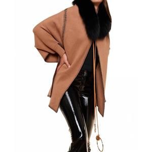 NEW OOLALA whipstitch detail cape with fur collar in cognac